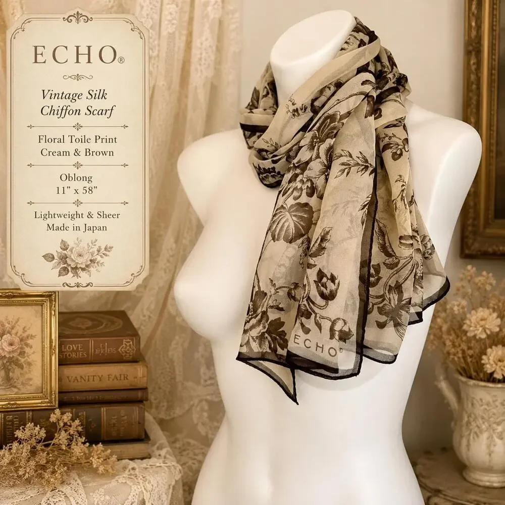 Vintage Echo Silk Chiffon Floral Toile Scarf Cream Brown Oblong 11x58